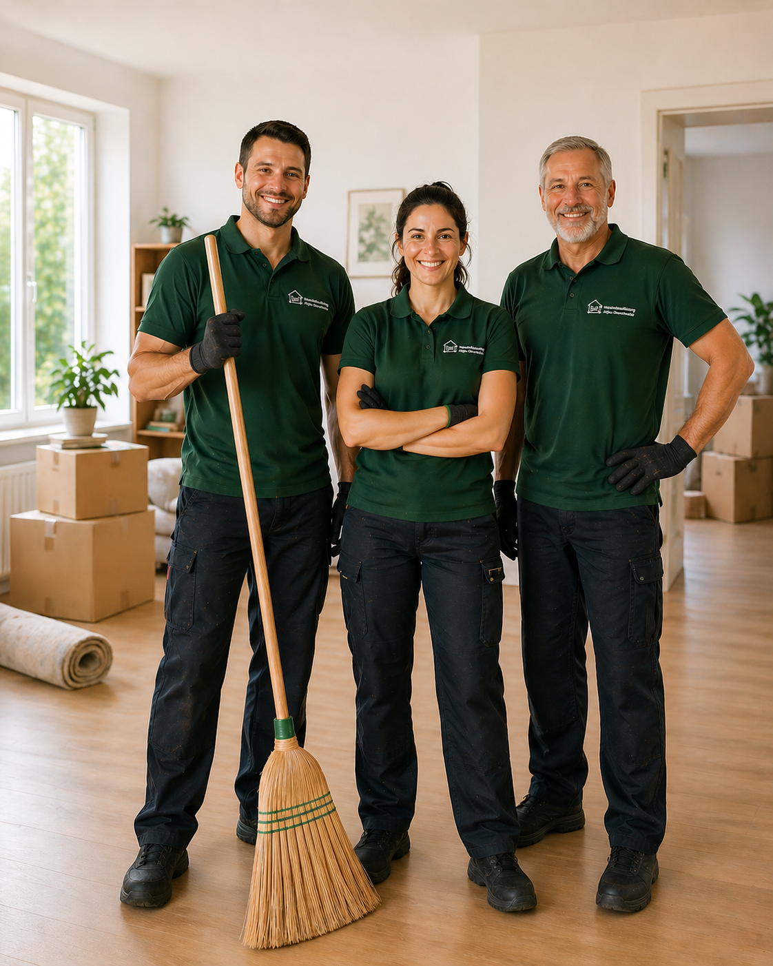 Drei professionelle Entrümpler des HAO-Teams in Arbeitskleidung