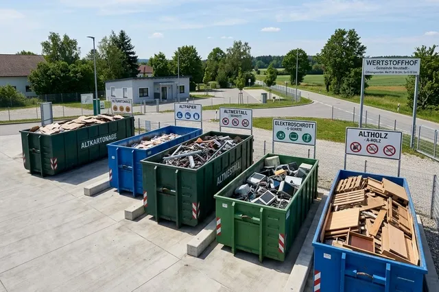 Symbolbild: Container für Altholz, Altmetall und Altpapier auf einem Wertstoffhof